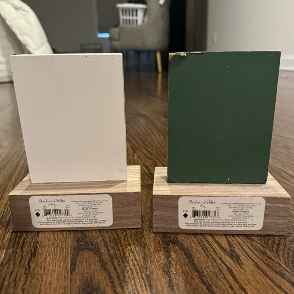 Christmas Stocking Holder Set 2 Solid Wood Hooks Mantle Green Gold Kids Heavy - Picture 2 of 8